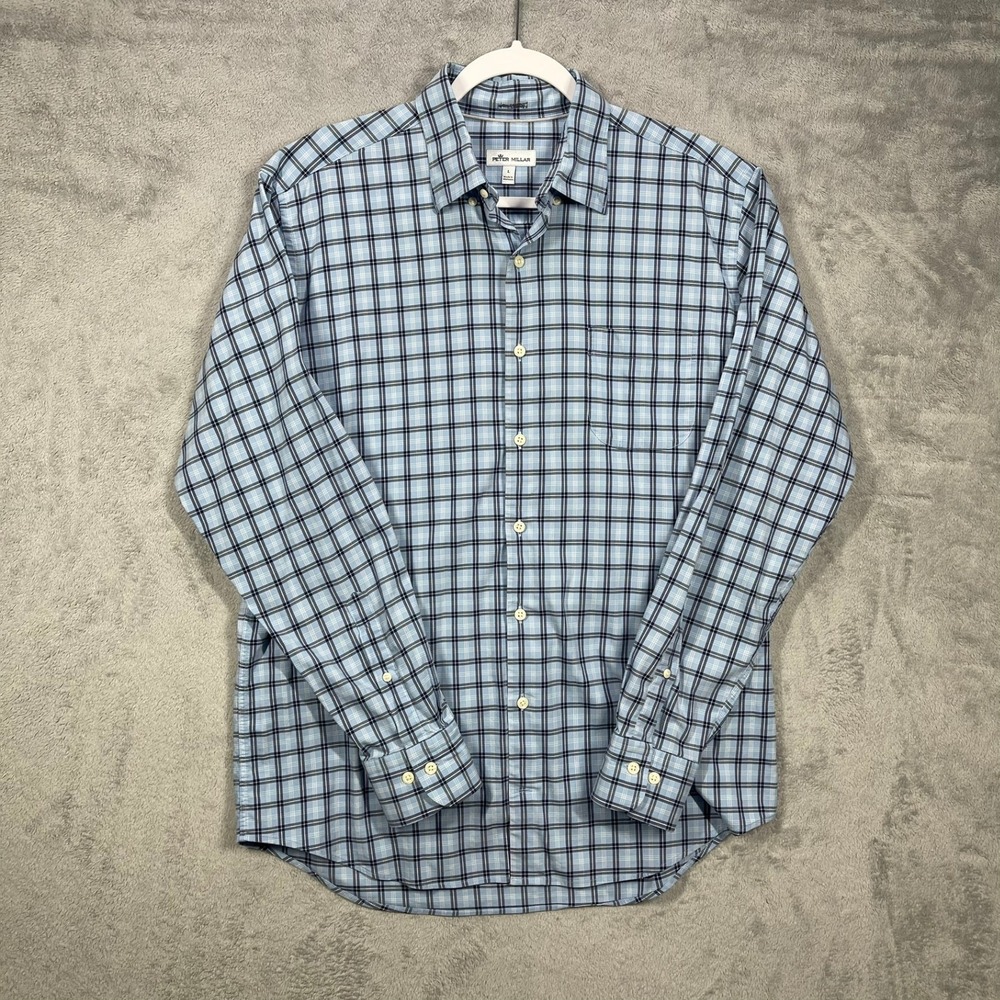 Peter Millar Button Up Men L Blue Plaid Cotton Lyocell Stretch Long Sleeve READ